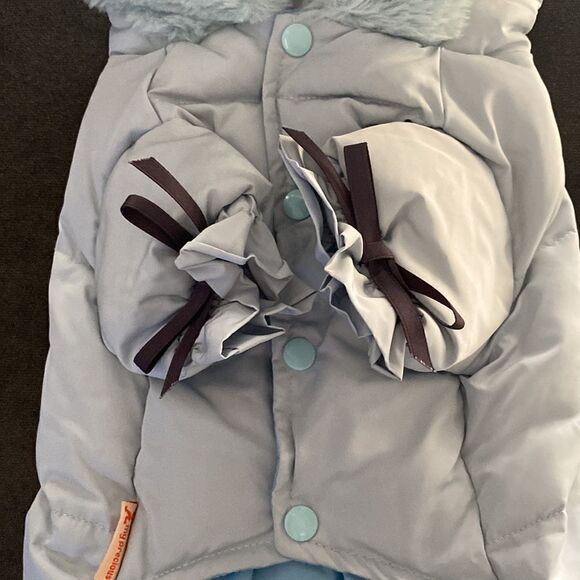 Dog Coat Puffer Jacket Blue with Cute Pom on Hood Size L NEW - Picture 2 of 10